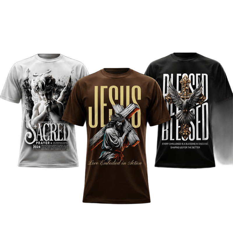 Camisetas cristãs Sacred, Jesus e Blessed - estampas gospel
