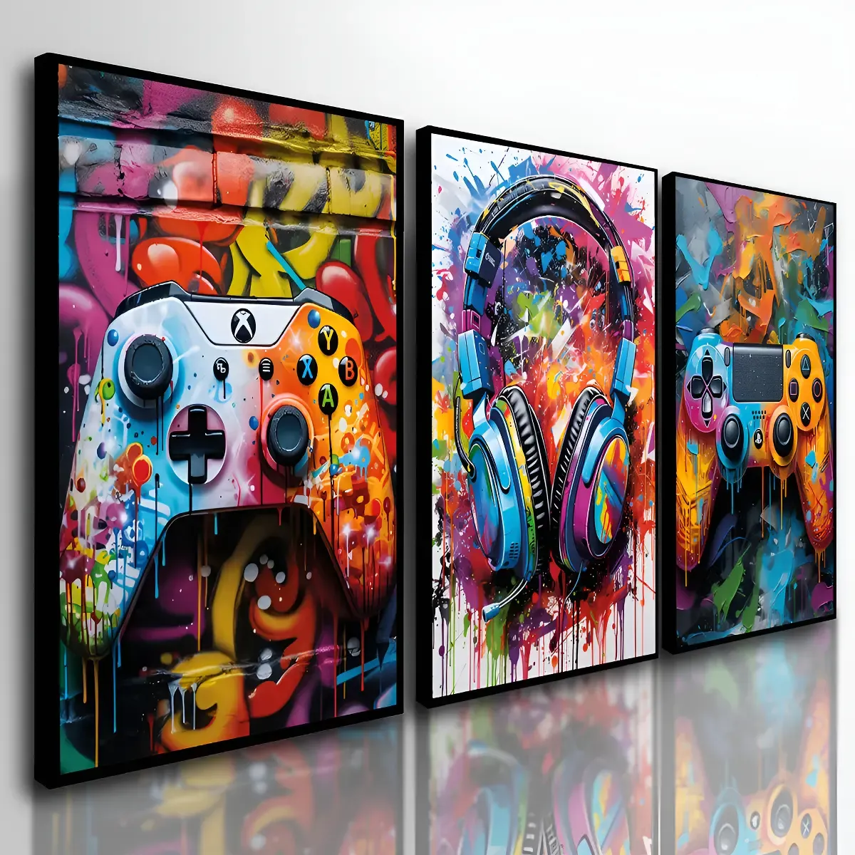 Quadros gamer com controles e headset estilo graffiti